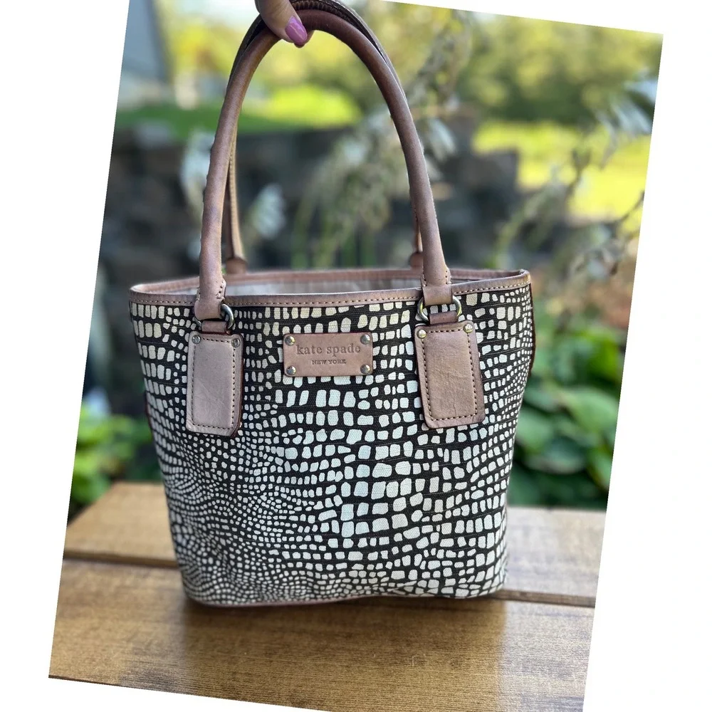Kate Spade New York Vintage Canvas Animal Print Tote Satchel Leather Y2K